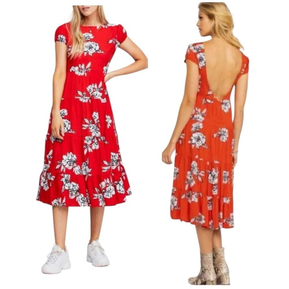 Free People Rita Tiered Midi Dress Red Floral Ruffle Sleeveless Boho Size XS